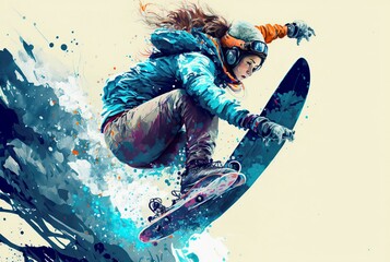 Plakat illustration, girl practicing snowboard, image generated by AI