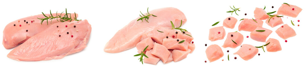 Raw chicken fillet with cut of raw chicken fillet isolated on white background. clipping path