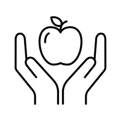 Apple in hand icon. Hand holding an apple. Food donation. Healthy nutrition. Organic food.