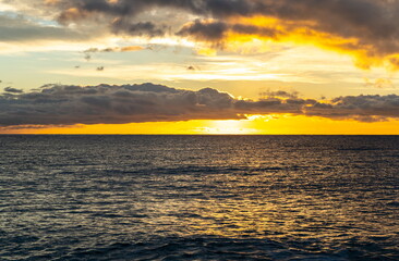 Sea Sunrise, Morning Ocean, Red Dramatic Sunset in Clouds, Orange Horizon in Golden Hour