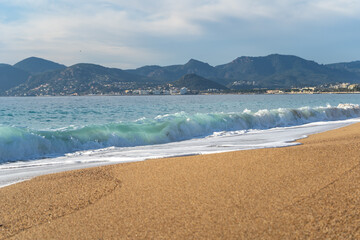 Sea Waves on Sandy Beach Texture Background, Transparent Ocean Water, Blue Sky, Sunny Shore