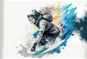 Fototapeta na wymiar illustration, girl practicing snowboard, image generated by AI