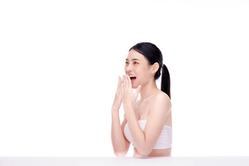 Female face expressions and emotions. Image of feeling excited, shock, surprise and happy. Young asian woman standing on white  background.