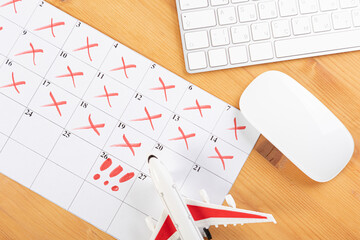 Planner Calendar and agenda reminders, work from home.  for plan daily meeting and note holiday trip in diary at office desk. 2023 calendar reminder concept.