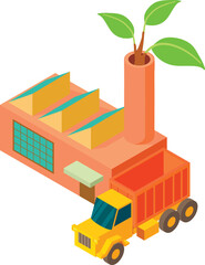 Green production icon isometric vector. Truck near factory building with branch. Ecology concept, environmental protection