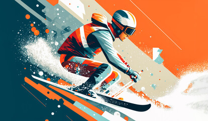 Abstract art. Colorful painting art of a skier in abstract landscape. Background illustration. Generative AI.
