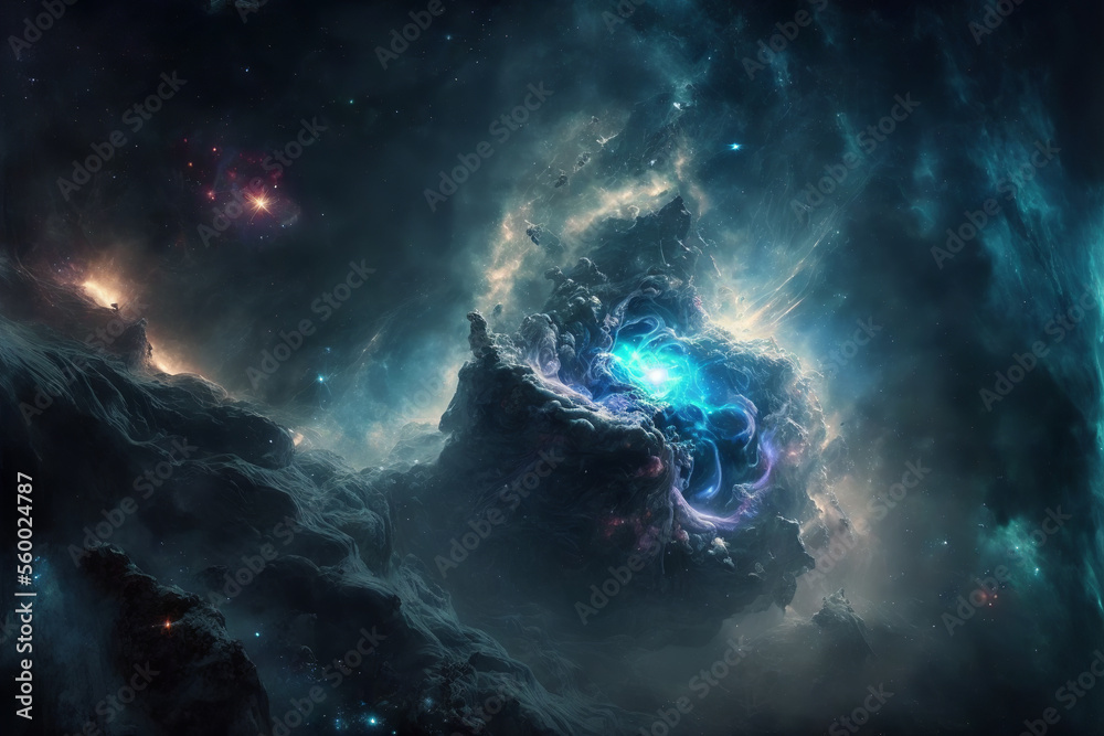 Poster large view of a colorful dark blue nebula in space. cosmic background with bright shining stars, gal