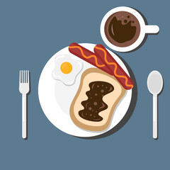 Breakfast, eggs, hot dogs, toast, chocolate, on a blue background.
