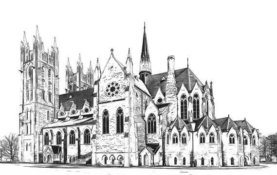 Basilica of Our Lady Immaculate, Roman Catholic minor basilica and parish church, Gothic Revival style building in Guelph, Ontario, Canada, ink sketch illustration.