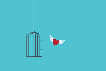 Flying heart and cage. Freedom concept. Emotion of freedom and happiness. Minimalist style.