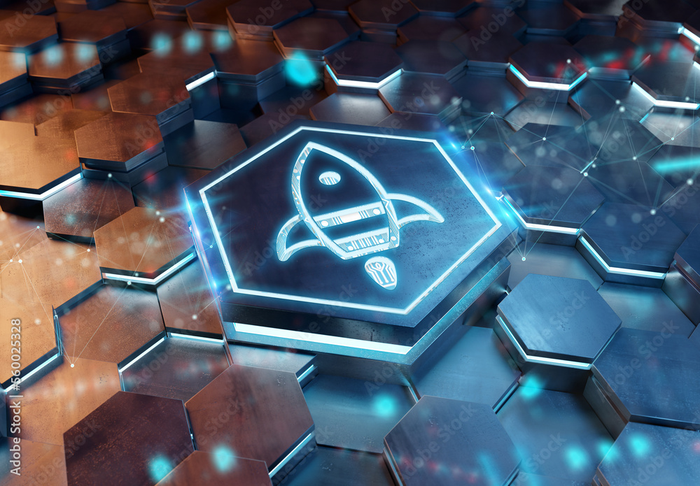 Aufkleber Spaceship icon innovation concept engraved on metal hexagonal pedestral background. Rocket startup logo glowing on abstract digital surface. 3d rendering