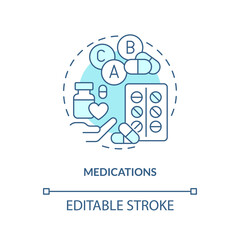 Medications blue concept icon. Pills. Chronic disease comprehensive care plan abstract idea thin line illustration. Isolated outline drawing. Editable stroke. Arial, Myriad Pro-Bold fonts used
