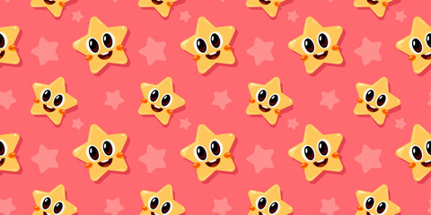 Vector child seamless pattern with smile yellow star on red color background. Flat style design of illustration with happy little star character with eye