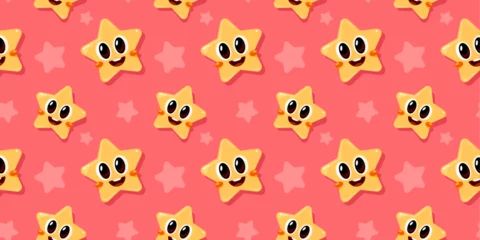Fotobehang Vector child seamless pattern with smile yellow star on red color background. Flat style design of illustration with happy little star character with eye © wowomnom