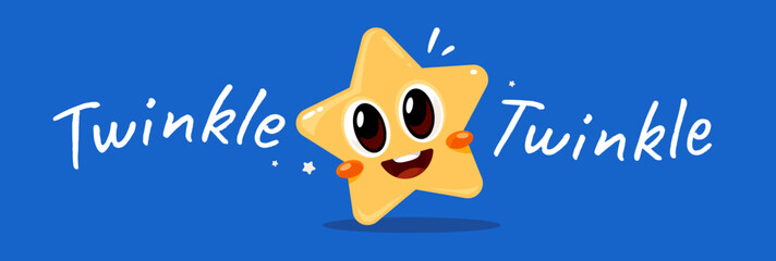 Vector child illustration of smile yellow star on blue color background with word. Flat style design of happy little star character with eye