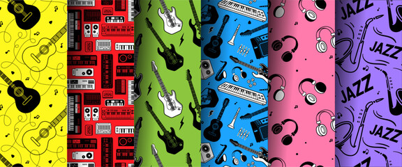 Vector set of music illustration with different musical instrument on bright color background. Flat line art design of seamless pattern with synthesizer, guitar, headphone, sax