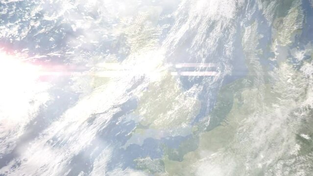 Earth zoom in from outer space to city. Zooming on Salford, UK. The animation continues by zoom out through clouds and atmosphere into space. Images from NASA