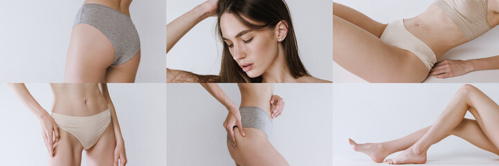 Collage of body parts of beautiful young slim woman in cotton underwear isolated over gray...