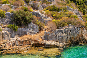 The ruins of a sunken ancient city on the island of Kekova Lycian Dolichiste in Turkey in the province of Antalya