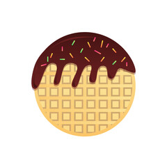 Dripping chocolate on round waffle isolated vector icon