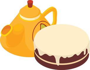 Tea party icon isometric vector. Porcelain tea pot and chocolate cake with icing. Dessert and drink