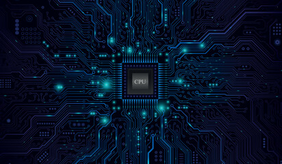 CPU Chip on Motherboard. Central Computer Processors CPU concept. Quantum computer, large data processing, database concept. Futuristic microchip processor. Digital chip.