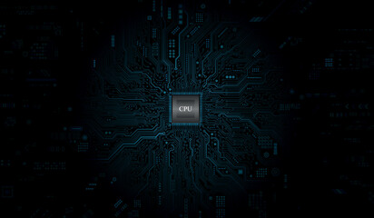 CPU Chip on Motherboard. Central Computer Processors CPU concept. Quantum computer, large data processing, database concept. Futuristic microchip processor. Digital chip.