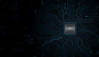 CPU Chip on Motherboard. Central Computer Processors CPU concept. Quantum computer, large data processing, database concept. Futuristic microchip processor. Digital chip.