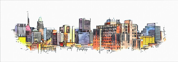 Baltimore Maryland City Skyline, color pencil style sketch illustration isolated on white background.