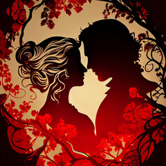 Silhoutte couple in love romantic emotional nature forest background illustration.