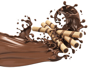chocolate filled in a crispy wafer roll, Chocolate waffle sticks with chocolate splash 3d rendering.