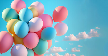 Balloons flying on blue sky. Celebration party decoration. Pastel color ballons bunch in the air, copy space. AI generative