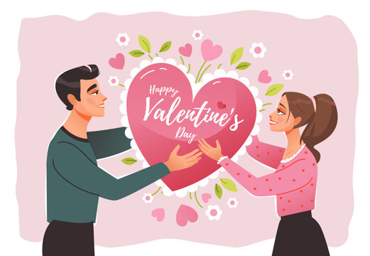 Valentine's day. A couple in love holds a heart. February 14. Cute cartoon vector illustration
