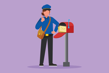 Cartoon flat style drawing happy postwoman with thumbs up gesture standing in hat, bag, uniform, holding an envelope. Working hard delivering mail to home address. Graphic design vector illustration