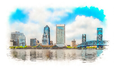 Jacksonville skyline, Florida, Usa, watercolor sketch illustration.