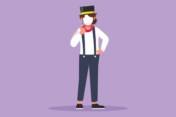 Character flat drawing female mime artist standing with thumbs up gesture, white make up face, makes audience laugh with silent comedy. Entertainment worker on work. Cartoon design vector illustration
