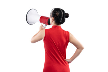 Asian Chinese woman in a cheongsam dress yelling something with a megaphone