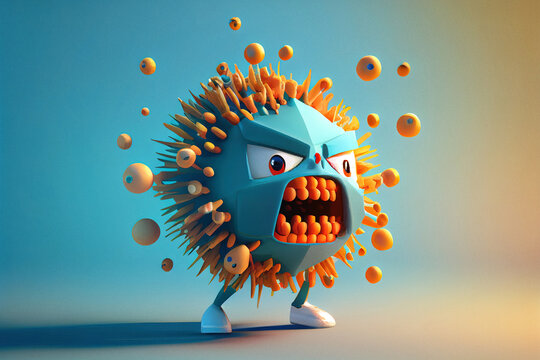 Funny angry virus cell. 3D toon anime style. Digitally generated AI image.