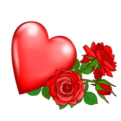 Red heart with bright roses isolated on white background. Valentine's day illustration.