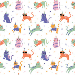 Birthday party background with cute cats. Seamless funny pattern with cats and birthday caps. Hand draw cute cats in doodle style. For textiles, clothing, bed linen, office supplies.