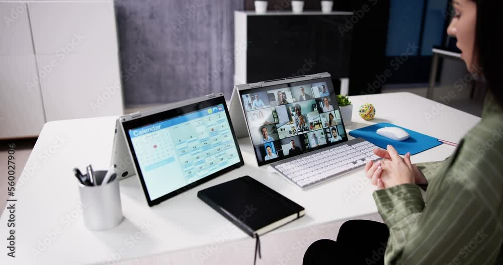 Poster telecommuting on desktop office computer