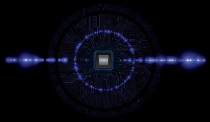 CPU Chip on Motherboard. Central Computer Processors CPU concept. Quantum computer, large data processing, database concept. Futuristic microchip processor. Digital chip.