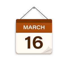 March 16, Calendar icon with shadow. Day, month. Meeting appointment time. Event schedule date. Flat vector illustration. 