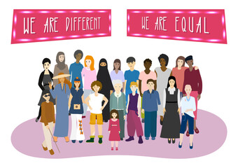 Multi-ethnic group of people. Men and women portrait. Disabled people. Boy without arm. Blind man. All people equal concept. Isolated vector illustration