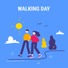 Vector illustration of casual man and woman walk together in park on blue color background. Flat line art style design of walking people