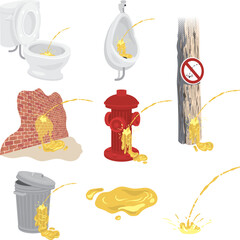 Peeing set. Vector illustration of piss in various places. Contains toilets, urinals, corner walls, fire hydrants, utility pole or tree, trash can...Can be used for prohibition notice or just for fun