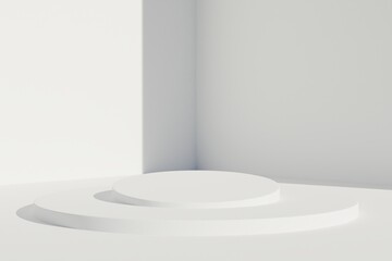 Empty Corner In The White Room. abstract White 3d round pedestal podium cylinder render for Product Display on white background . Stage for showcase.