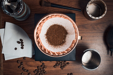 coffee powder in the dripper for make coffee