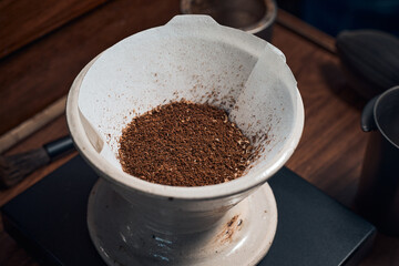 coffee powder in the dripper for make coffee