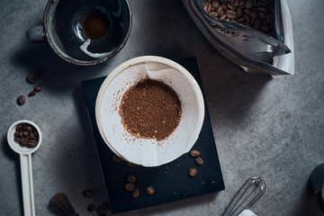 coffee powder in the dripper for make coffee